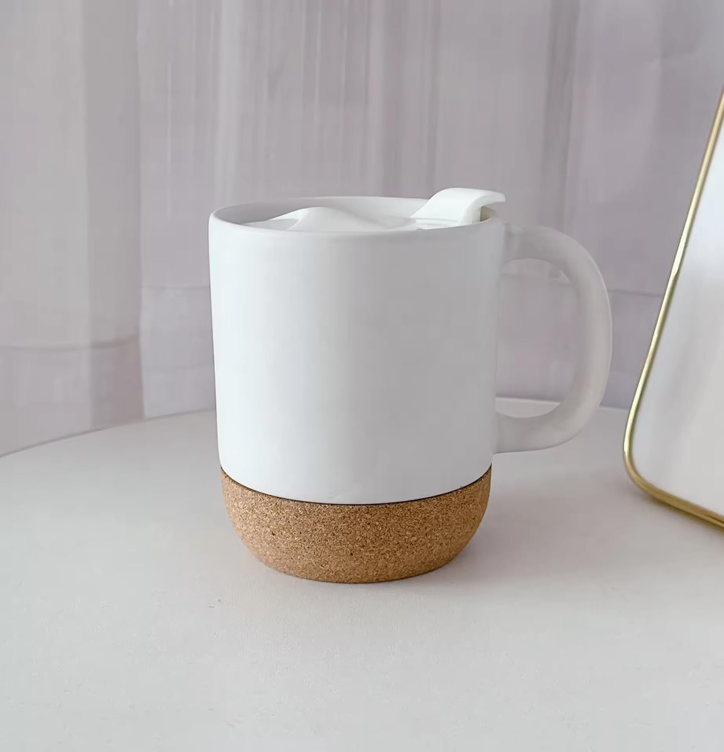Axooms 13oz Ceramic Coffee Mug with Insulated Cork Base and Splash Proof Lid - Reusable Coffee Cup with Handle for Home & Office, Ideal Gift for Men & Women, Travel Mug for Hot & Cold Drinks (White)