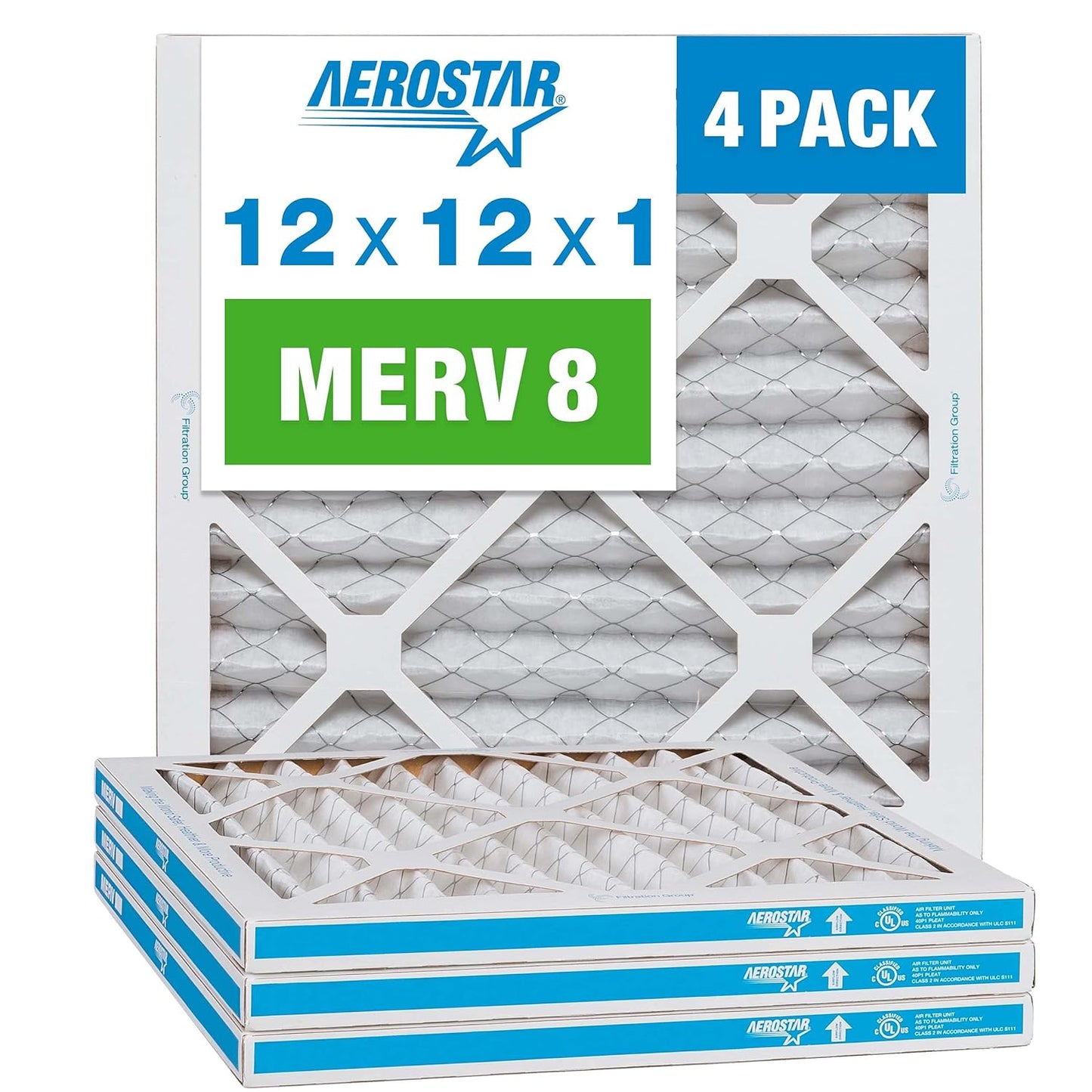Aerostar 12x12x1 MERV 8 Pleated Air Filter, AC Furnace Air Filter, 4 Pack (Actual Size: 11 3/4" x 11 3/4" x 3/4")