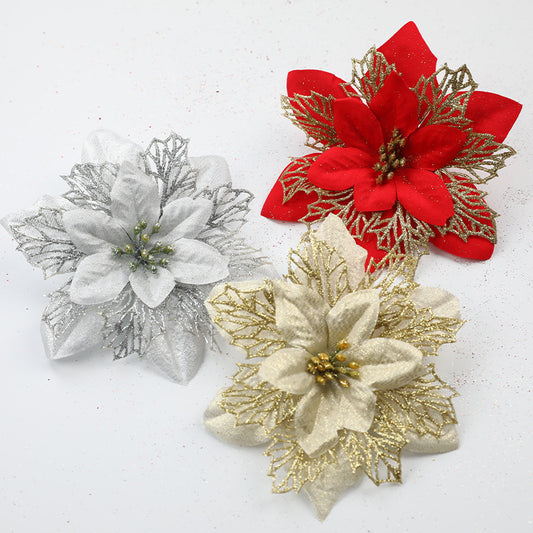 Glitter Christmas Decoration Flowers Gold, Silver And Red Three-layer Plastic Artificial Flowers Christmas Tree Decoration Octagonal Christmas Flowers