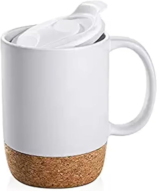 Axooms 13oz Ceramic Coffee Mug with Insulated Cork Base and Splash Proof Lid - Reusable Coffee Cup with Handle for Home & Office, Ideal Gift for Men & Women, Travel Mug for Hot & Cold Drinks (White)