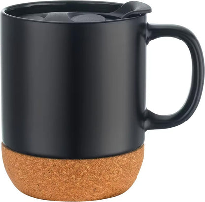 Axooms 13oz Ceramic Coffee Mug with Insulated Cork Base and Splash Proof Lid, Reusable Coffee Cup with Handle for Home & Office, Ideal Gift for Men & Women, Travel Mug for Hot & Cold Drinks (Black)