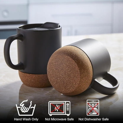 Axooms 13oz Ceramic Coffee Mug with Insulated Cork Base and Splash Proof Lid, Reusable Coffee Cup with Handle for Home & Office, Ideal Gift for Men & Women, Travel Mug for Hot & Cold Drinks (Black)
