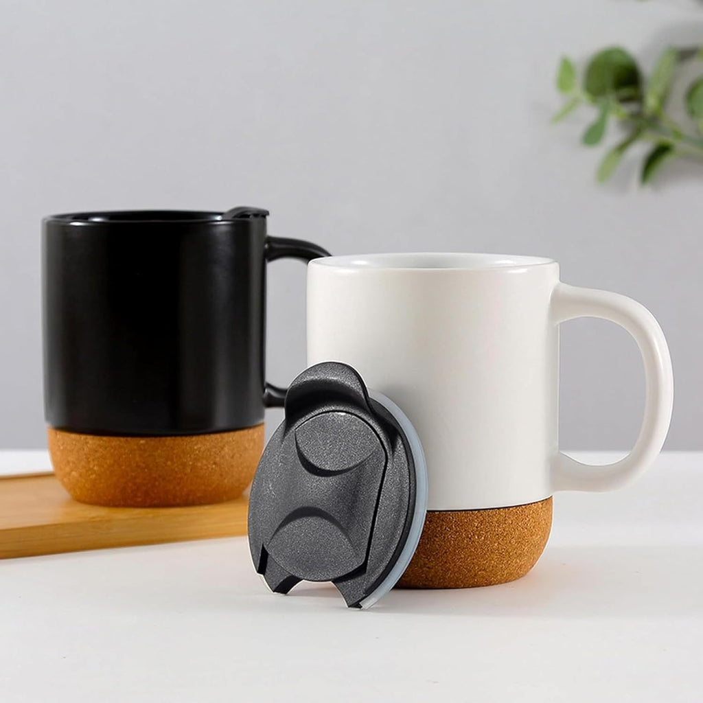 Axooms 13oz Ceramic Coffee Mug Set with Cork Base, Reusable Cups with Handle and Splash-Proof Lid - Black and White Mugs for Hot and Cold Drinks, Gift Set for Home, Office & Travel (Set of 2)