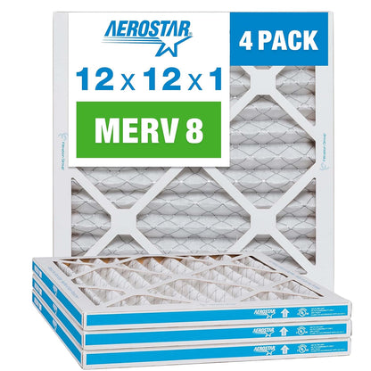 Aerostar 12x12x1 MERV 8 Pleated Air Filter, AC Furnace Air Filter, 4 Pack (Actual Size: 11 3/4" x 11 3/4" x 3/4")