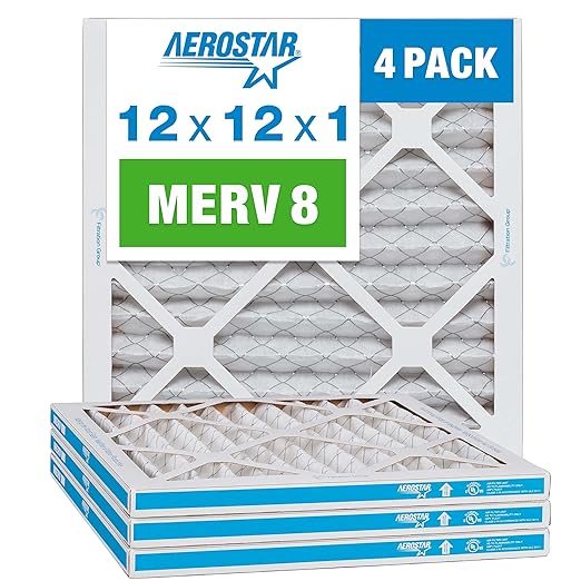 Aerostar 12x12x1 MERV 8 Pleated Air Filter, AC Furnace Air Filter, 4 Pack (Actual Size: 11 3/4" x 11 3/4" x 3/4")