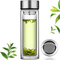 Axooms Glass Tea Infuser Bottle - Double Wall Borosilicate, Portable Travel Mug, Tea Tumbler with Diffuser for Loose Leaf, Flower, and Herbal Tea Bags, Insulated Tea Bottle with Strainer - Clear