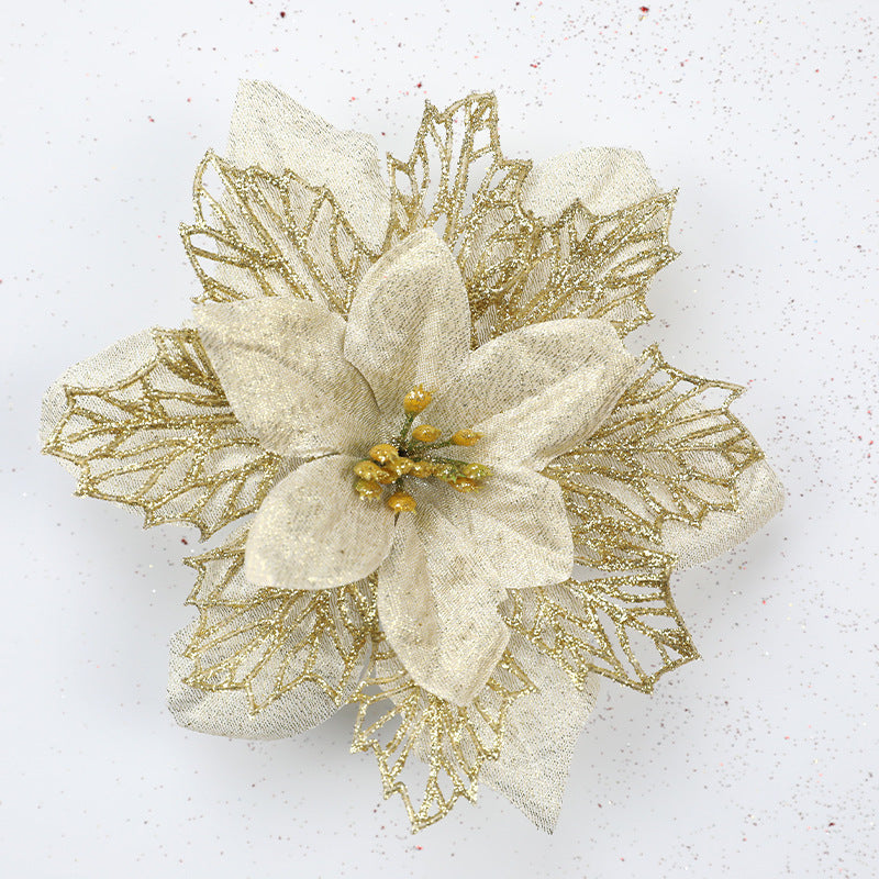 Glitter Christmas Decoration Flowers Gold, Silver And Red Three-layer Plastic Artificial Flowers Christmas Tree Decoration Octagonal Christmas Flowers