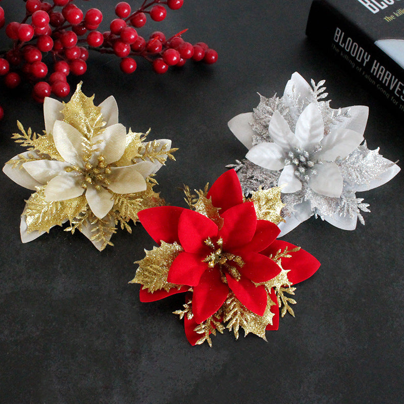 Glitter Christmas Decoration Flowers Gold, Silver And Red Three-layer Plastic Artificial Flowers Christmas Tree Decoration Octagonal Christmas Flowers