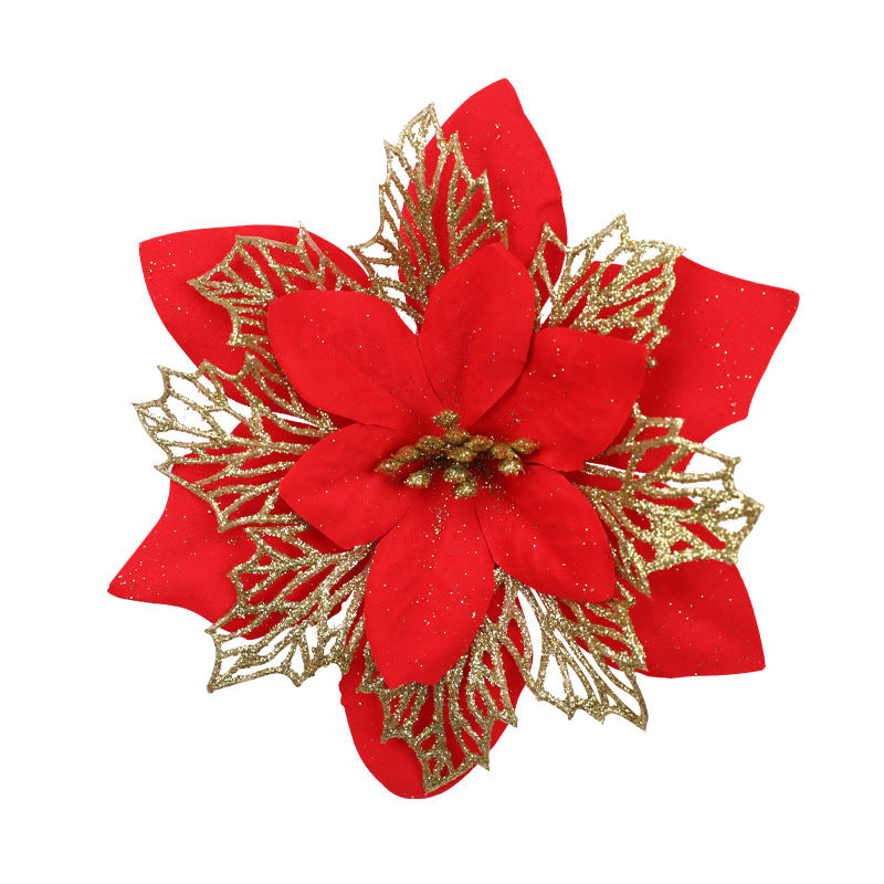 Glitter Christmas Decoration Flowers Gold, Silver And Red Three-layer Plastic Artificial Flowers Christmas Tree Decoration Octagonal Christmas Flowers
