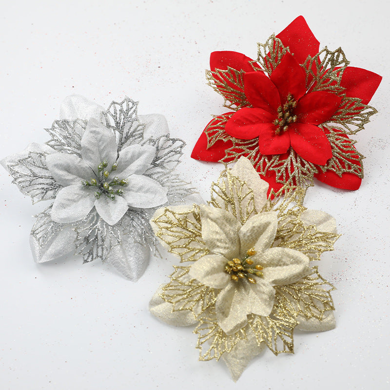 Glitter Christmas Decoration Flowers Gold, Silver And Red Three-layer Plastic Artificial Flowers Christmas Tree Decoration Octagonal Christmas Flowers
